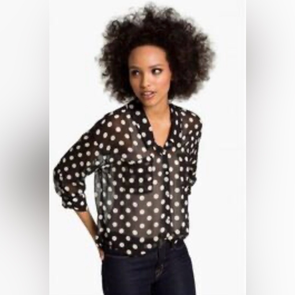 Free People Easy Rider Sheer Chiffon Black and White Polka Dot‎ Blouse Size:Med